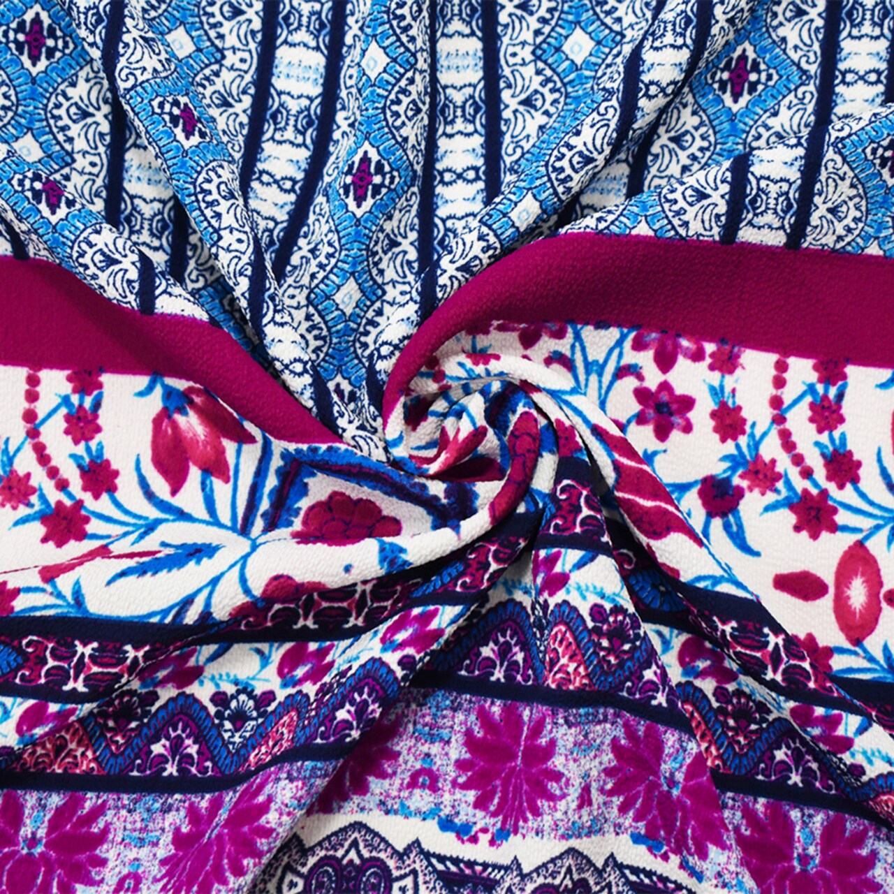 Blue-Fuchsia-Teal Poly Boho Multi Border Pattern Print Pebble Crepe Fabric By the Yard